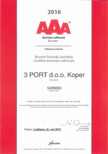 Certifikat Bonitetna odličnost AAA 2016 3 PORT