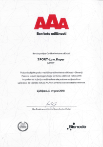 Certifikat Bonitetna odličnost AAA 2018 3 PORT